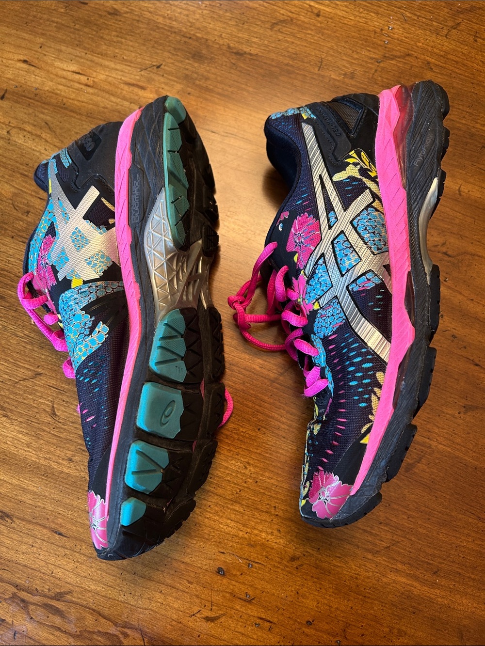 ASICS Black Athletic Shoes with Pink Laces and Multicolor Floral Print - Picture 2 of 4